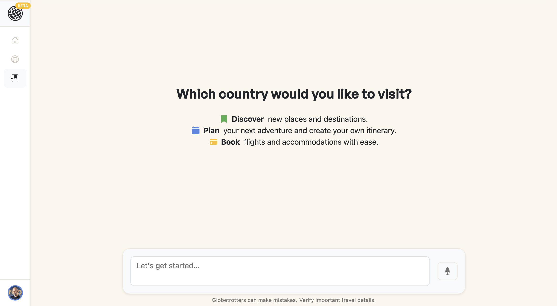 Globetrotters.ai home screen